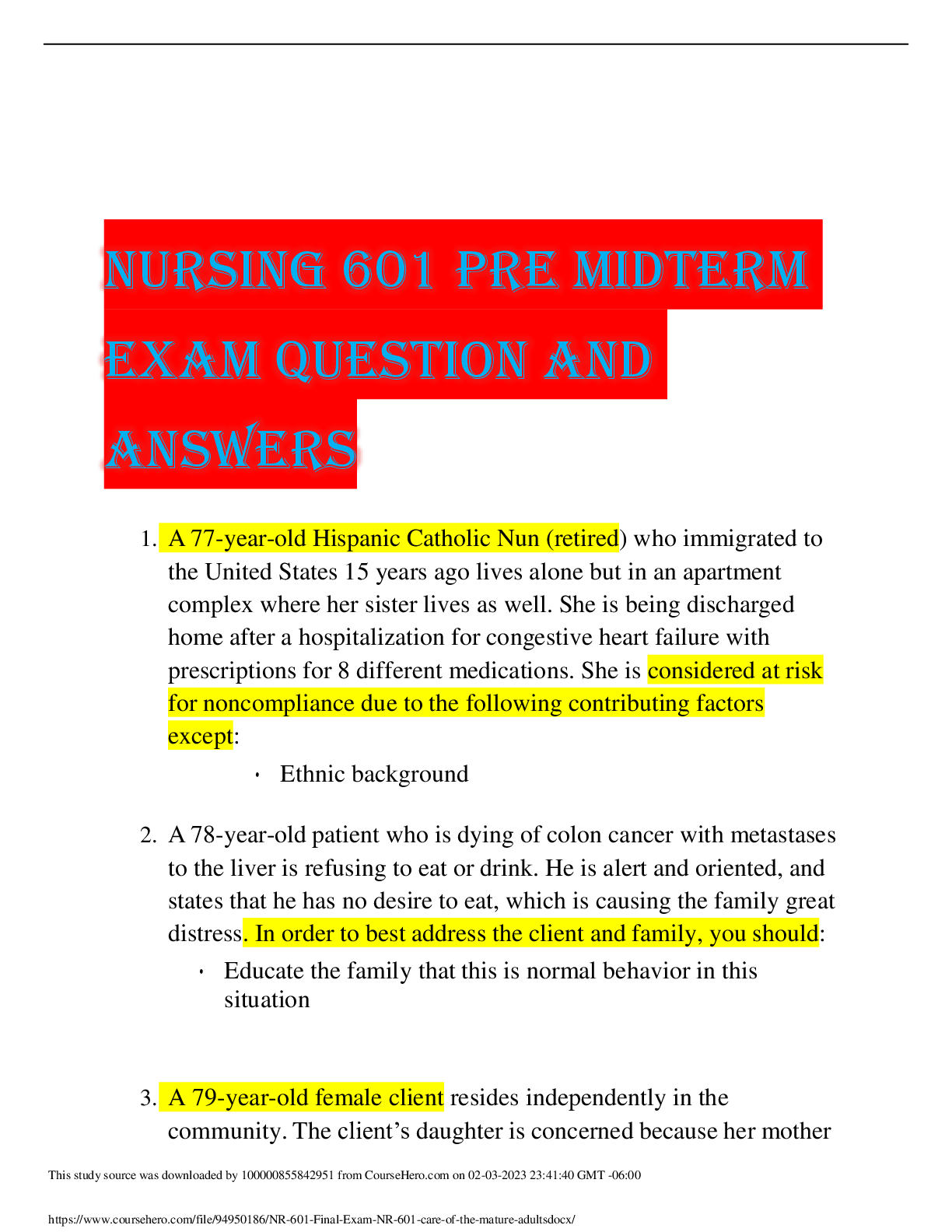 Preview of NURSING 601 PRE MIDTERM EXAM QUESTION AND ANSWERS